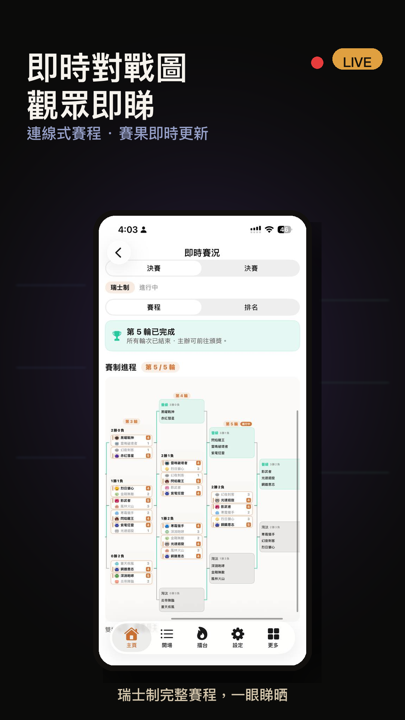 Live connected bracket for spectators